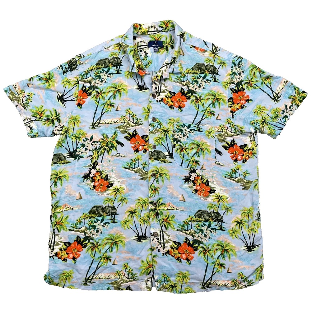George Hawaiian Shirt Men's Large Blue Tropical Palm Sail Print Surf Camp Beach
